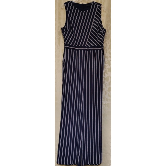 Tahari Pants - Tahari Navy Blue White Striped Wide Leg Sleeveless Jumpsuit with Pockets